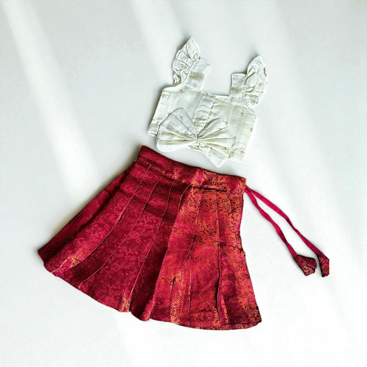 Bronze-Red Skirt with Cream Ruffle Bow Top