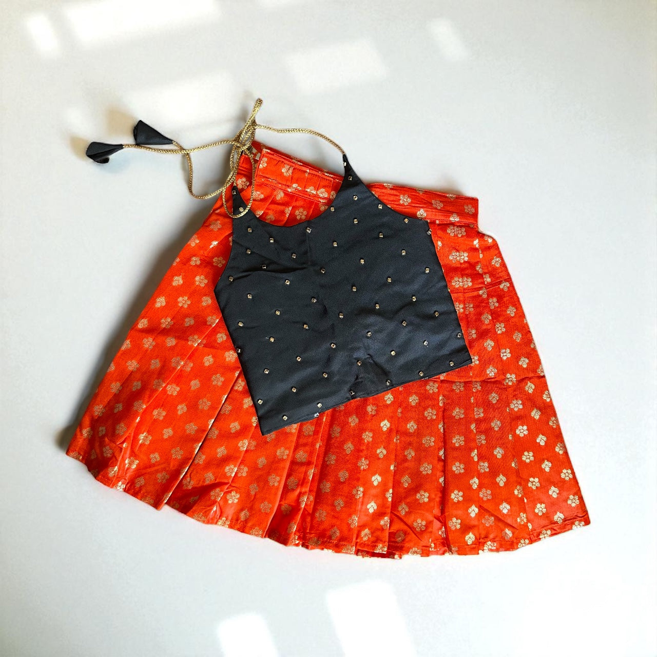 Orange Gold Motif Skirt with Black Top