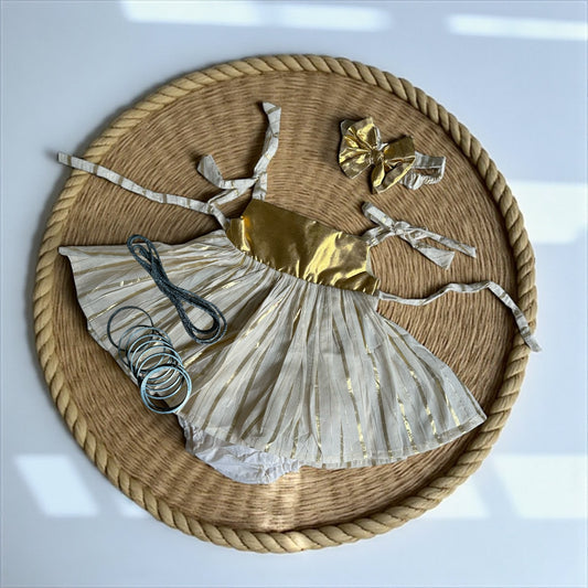 5-in-1 Set – Gold Striped Dress with Headband