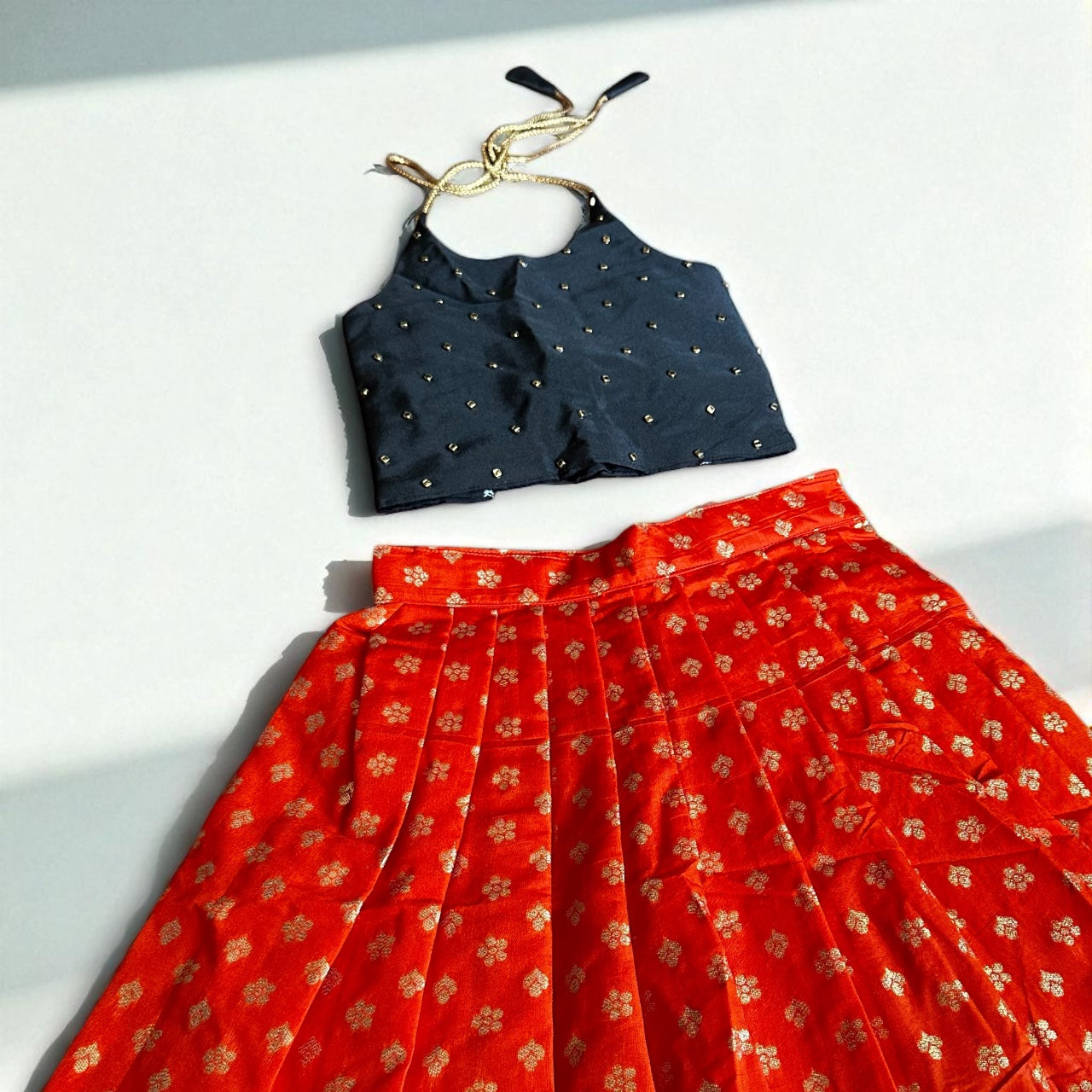 Orange Gold Motif Skirt with Black Top