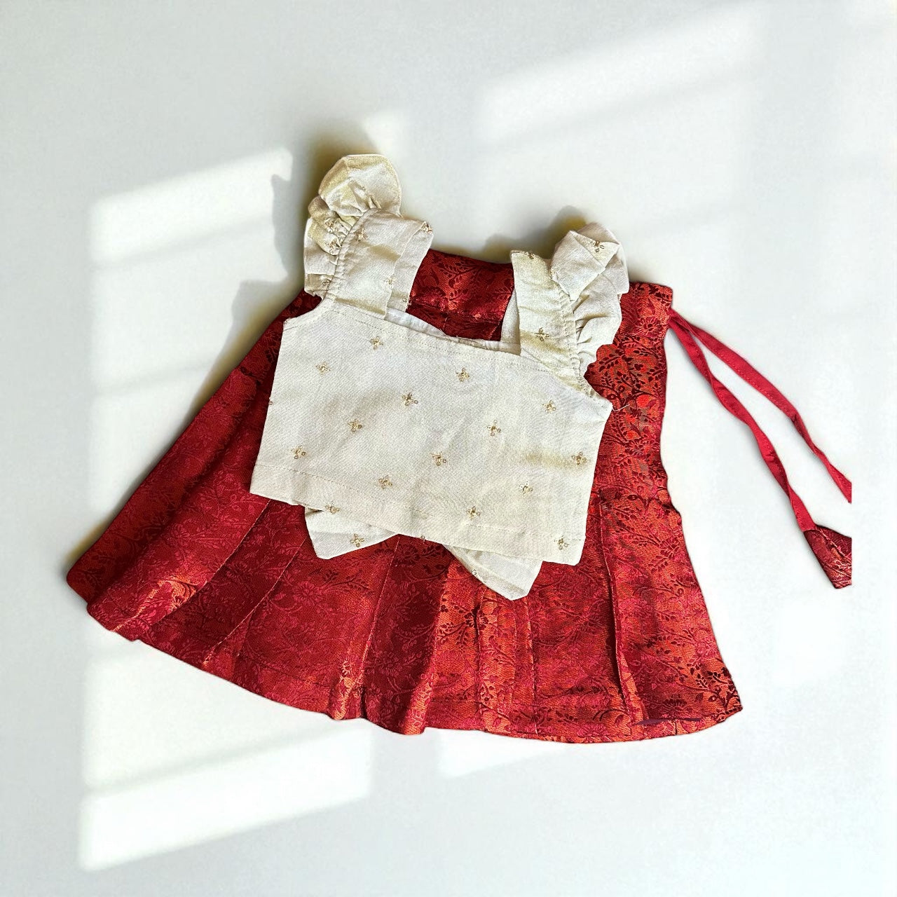 Bronze-Red Skirt with Cream Ruffle Bow Top