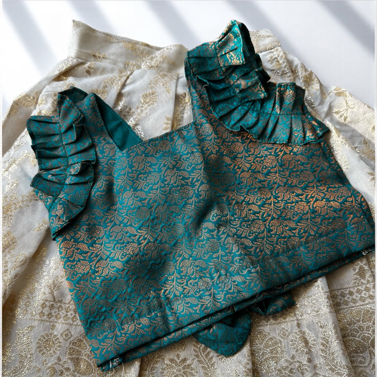 Teal Ruffle Top & Cream Skirt Set