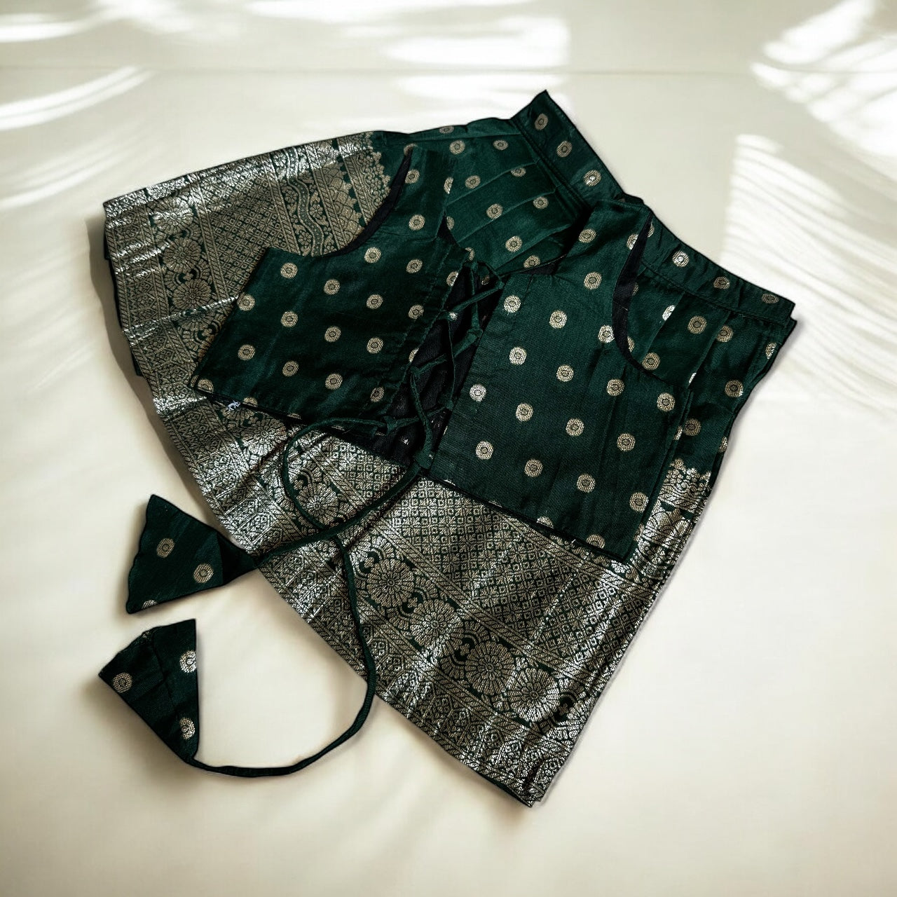 Dark Green Skirt & Top Set with Silver Bhutta