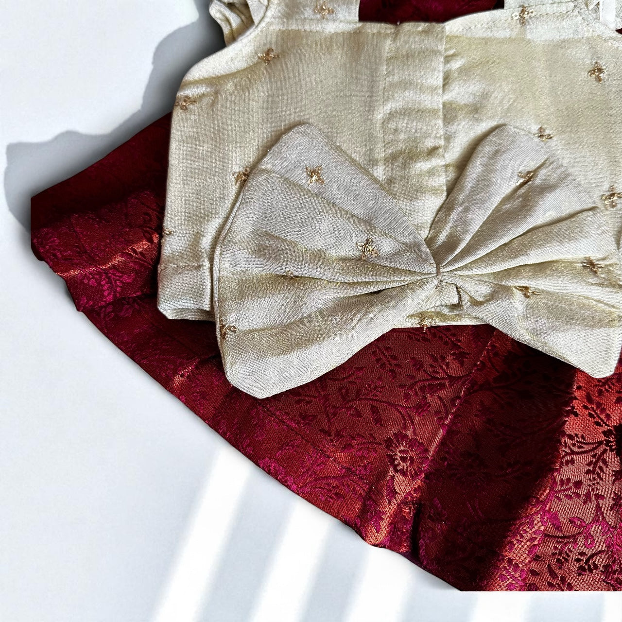 Bronze-Red Skirt with Cream Ruffle Bow Top