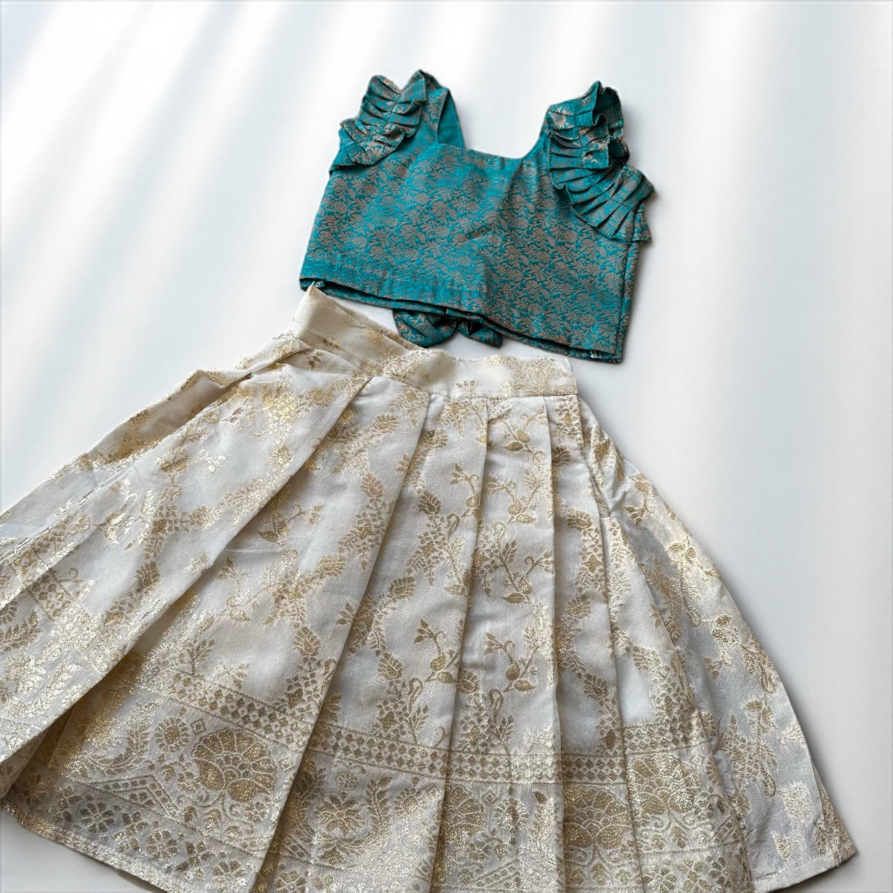 Teal Ruffle Top & Cream Skirt Set