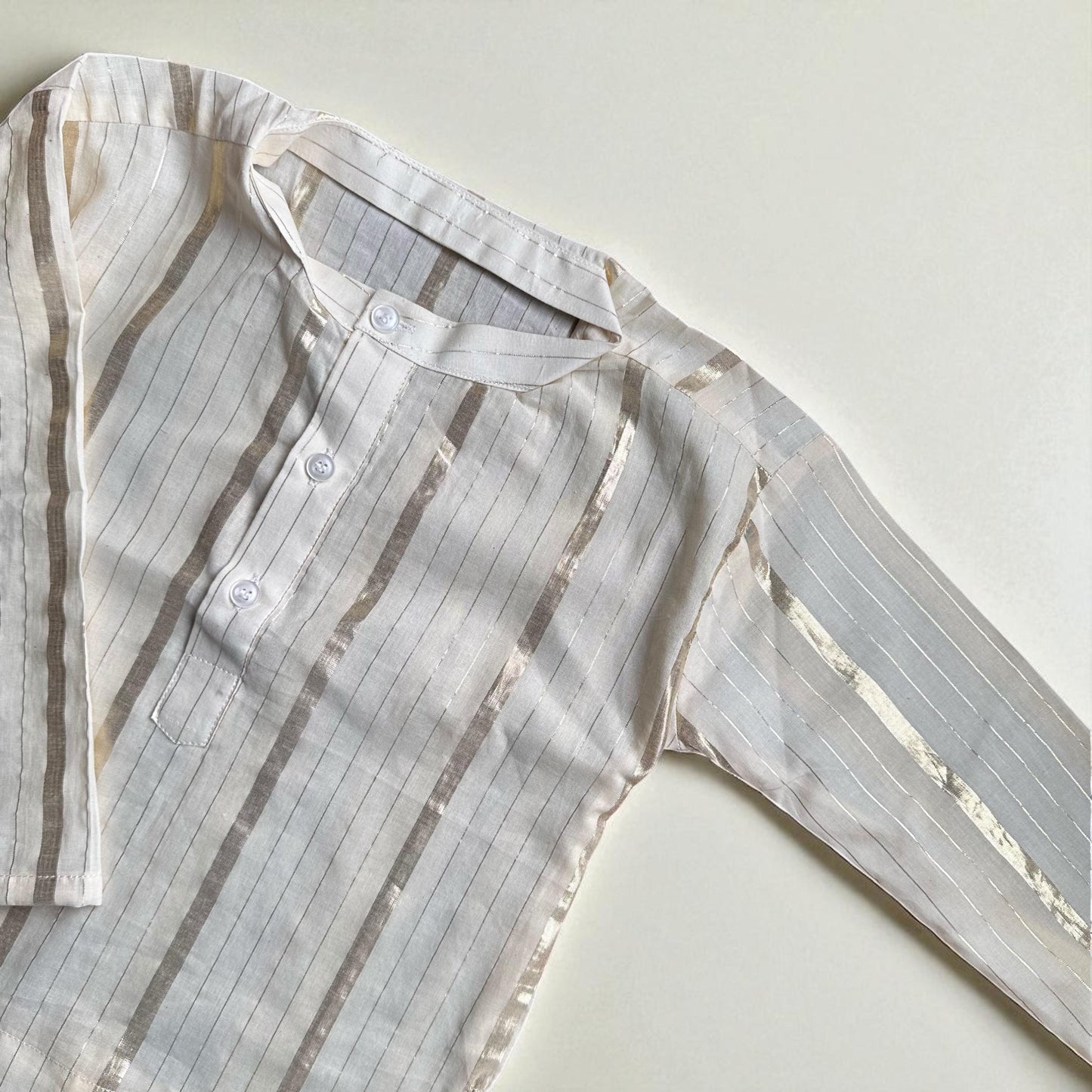 Boys Off-white Cotton Kurta with Golden Stripes