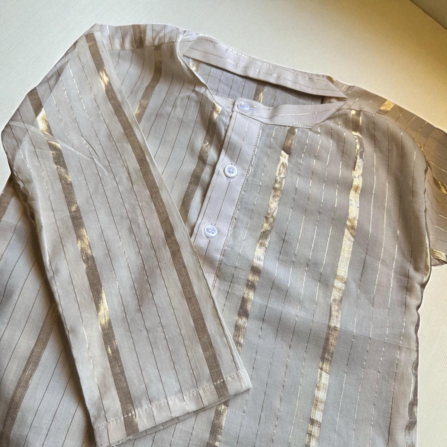 Boys Off-white Cotton Kurta with Golden Stripes