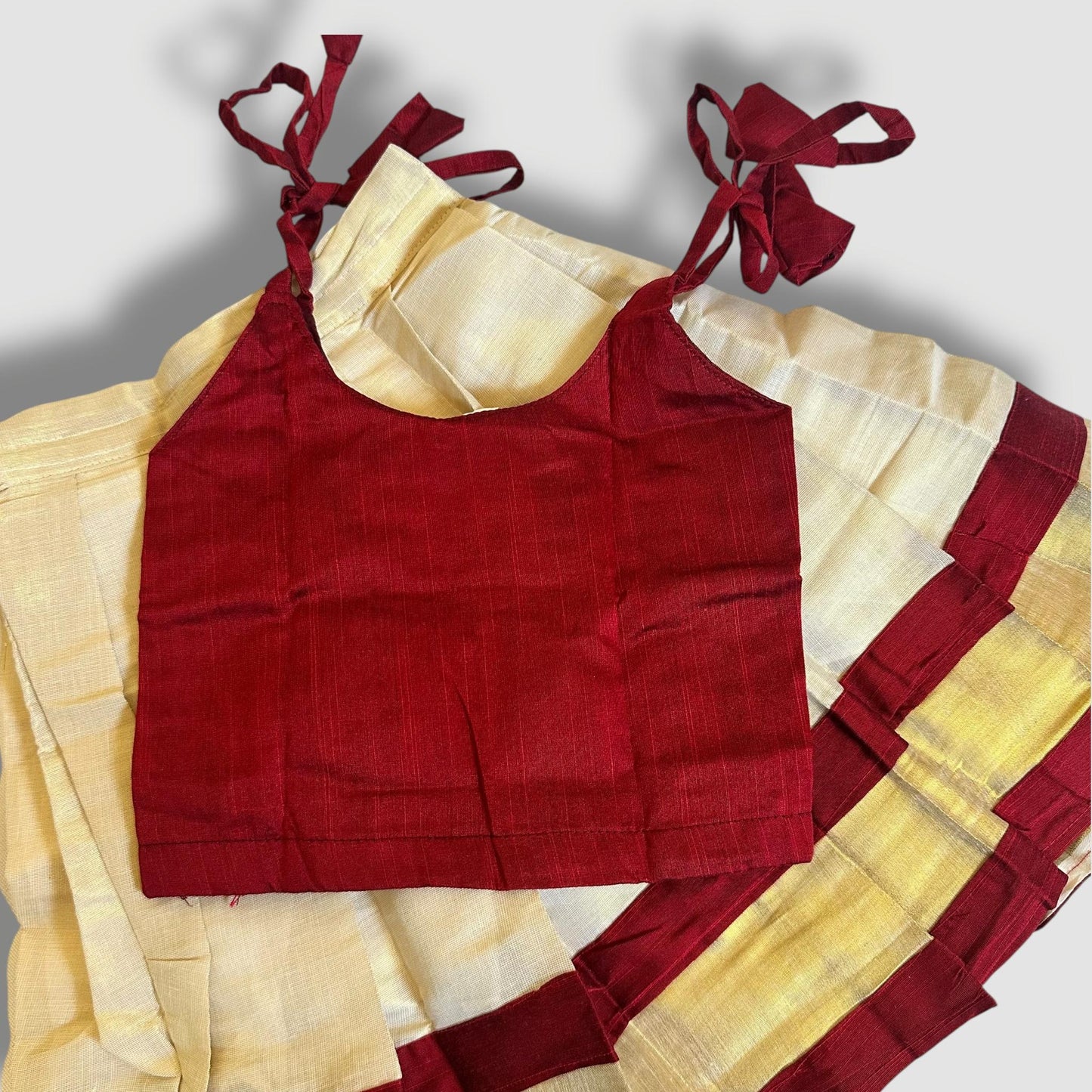 Maroon Temple Coin Kasavu Skirt Set