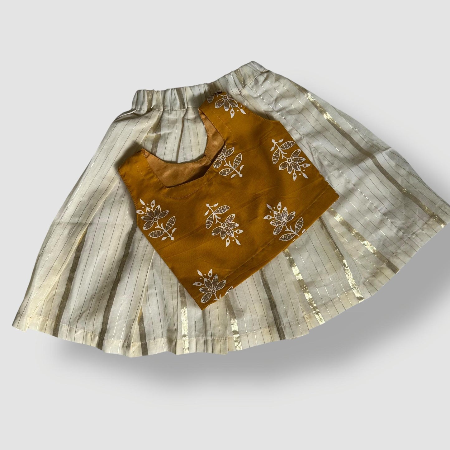 Mustard Ajrakh Top with Gold Lined Skirt