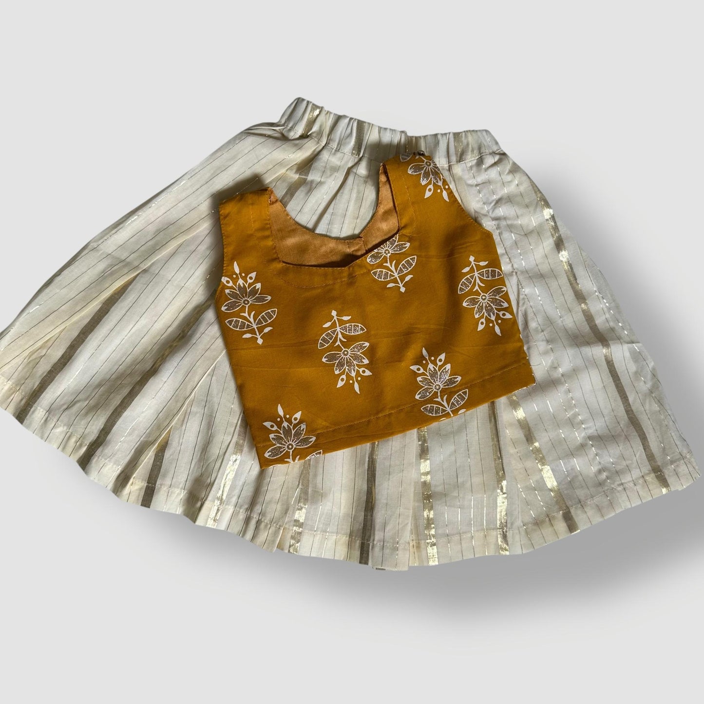 Mustard Ajrakh Top with Gold Lined Skirt