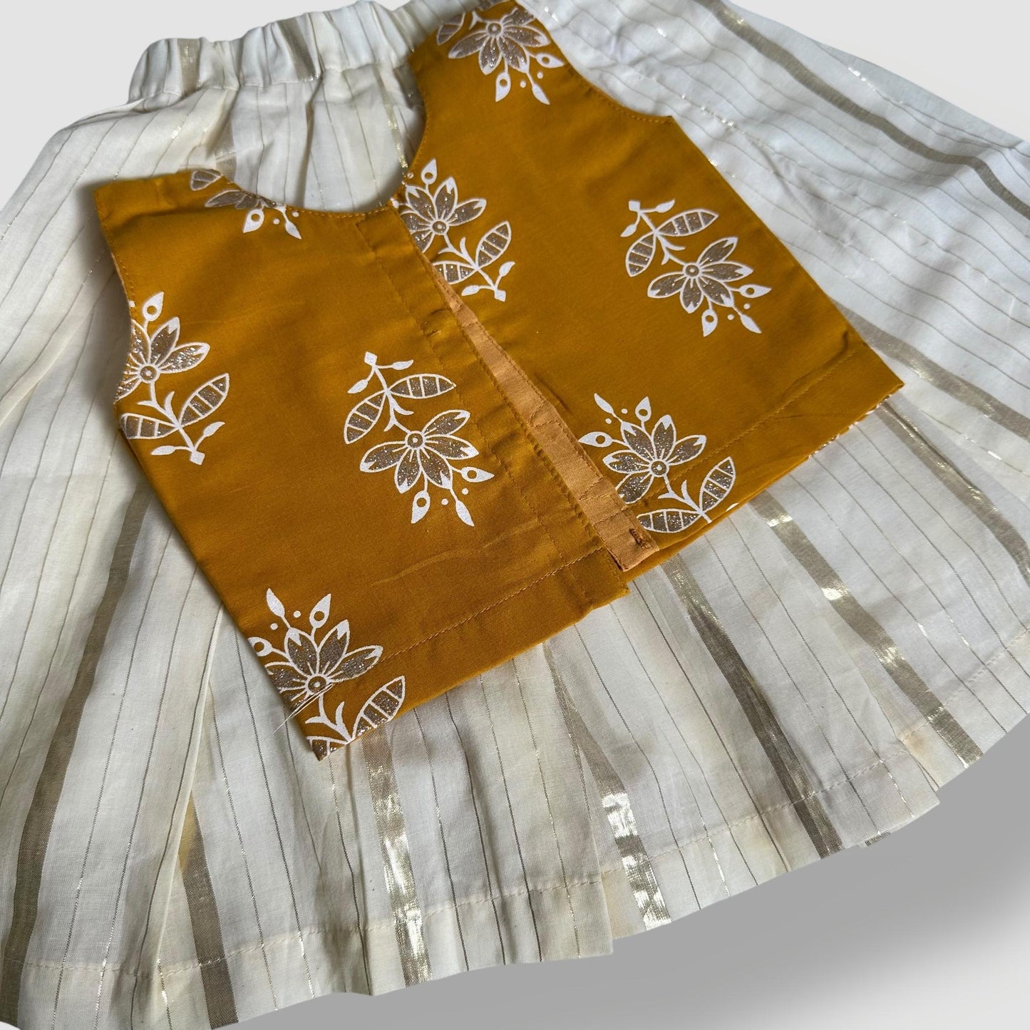 Mustard Ajrakh Top with Gold Lined Skirt