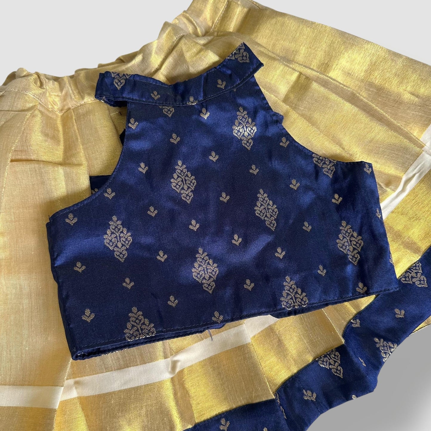 Royal Blue Brocade & Gold Tissue Skirt Set