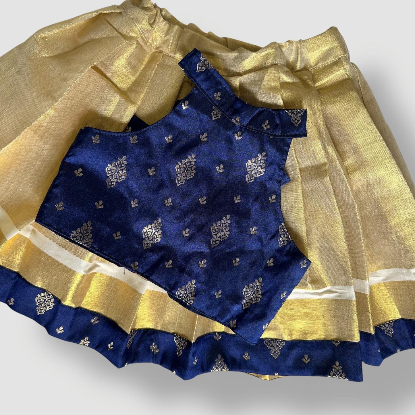 Royal Blue Brocade & Gold Tissue Skirt Set