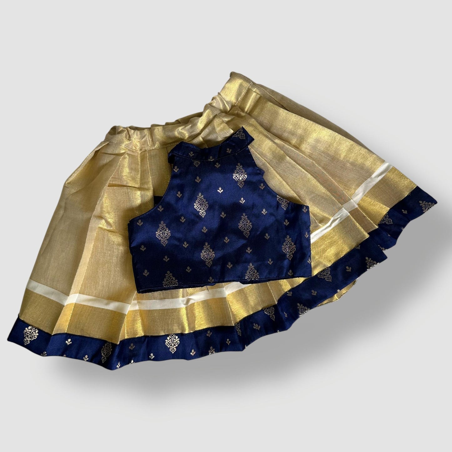 Royal Blue Brocade & Gold Tissue Skirt Set