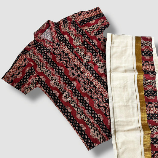 Maroon Ajrakh Shirt & Kasavu Mundu Set