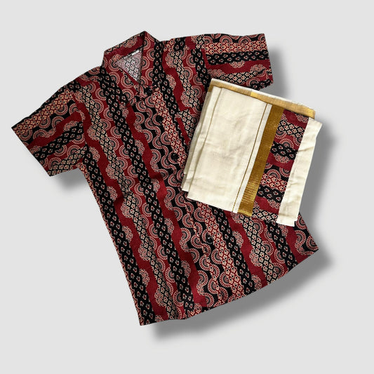 Maroon Ajrakh Shirt & Kasavu Mundu Set