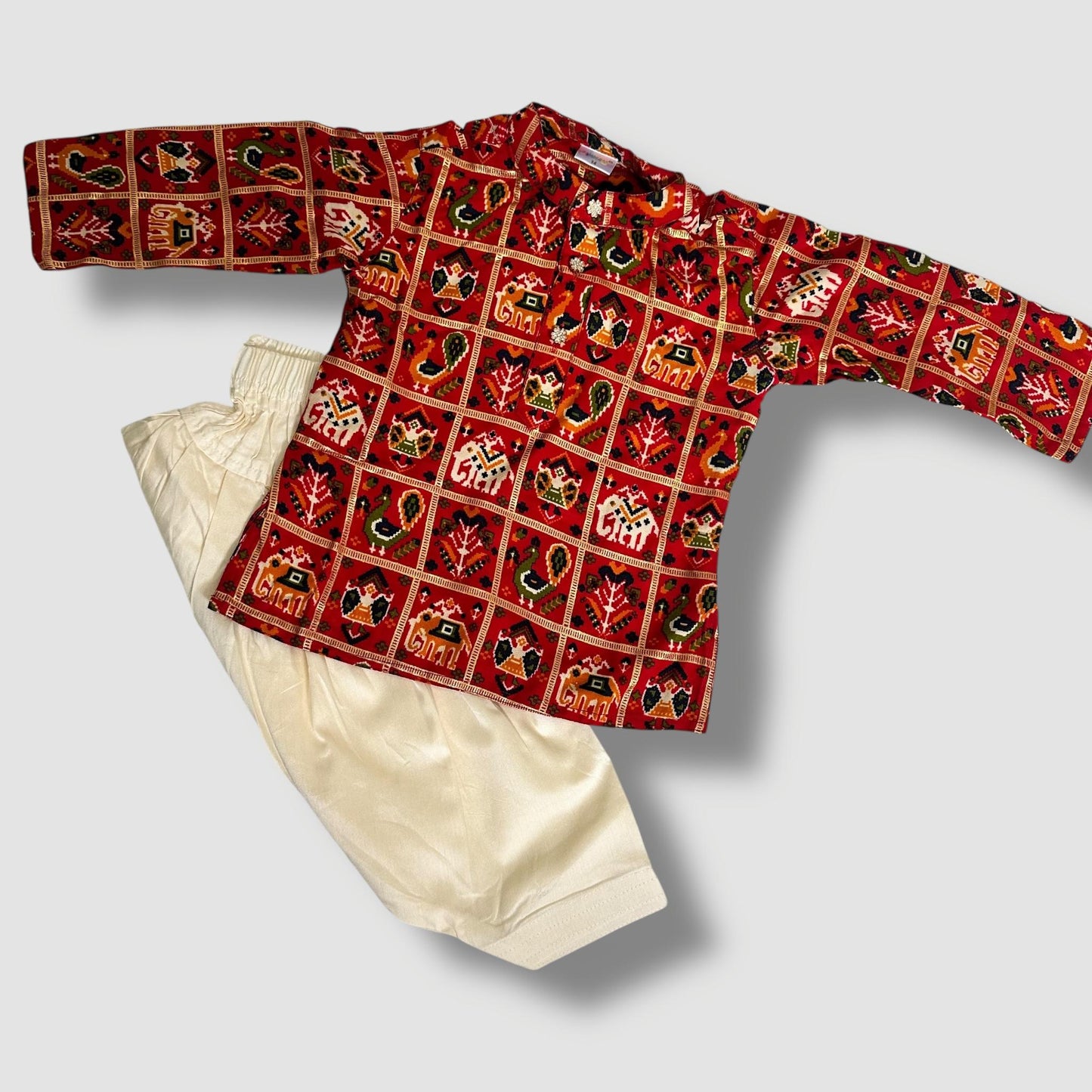Red Printed Kurta Set with Ivory Patiala Pants
