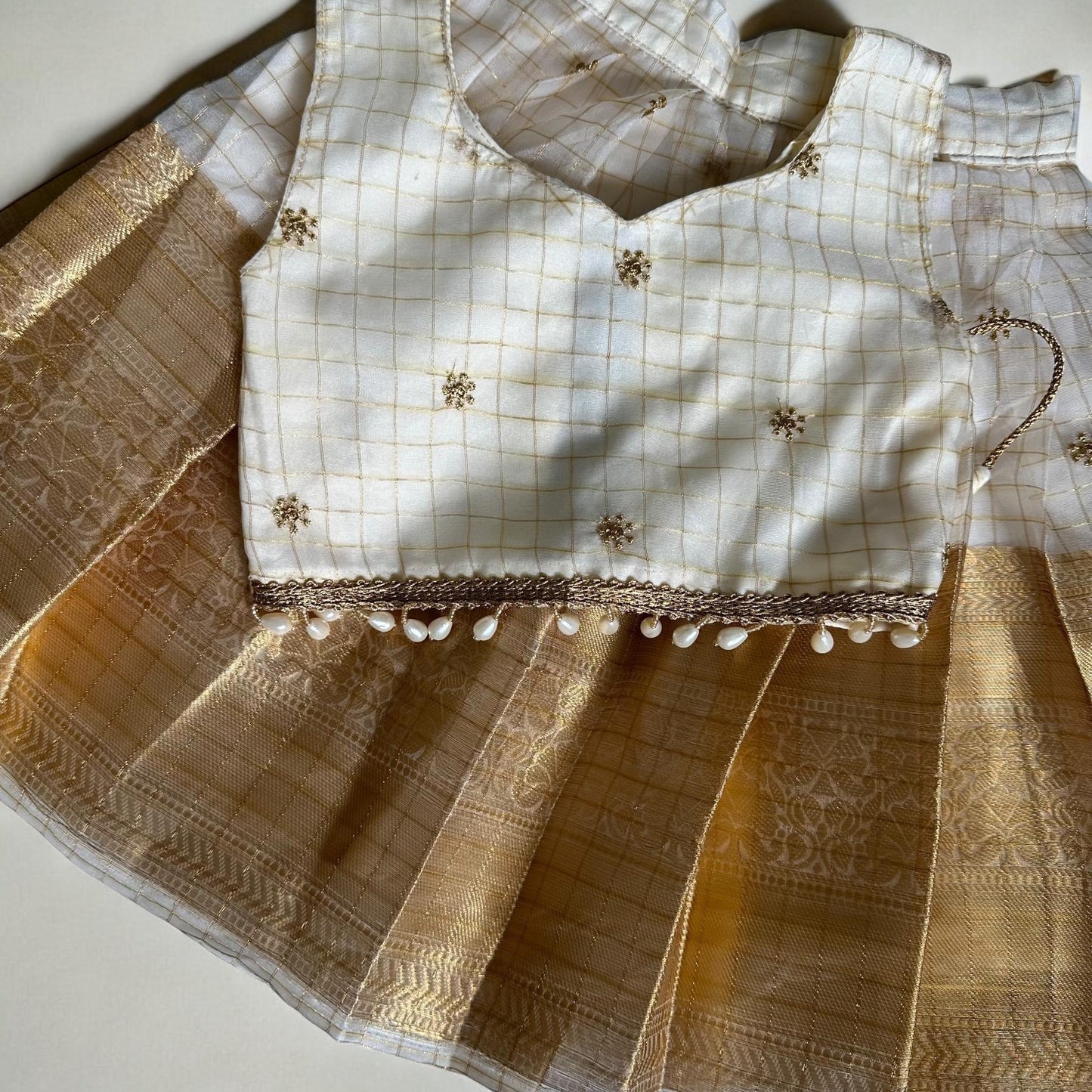 Checkered Gold Kasavu Pattupavada with Pearl Trim
