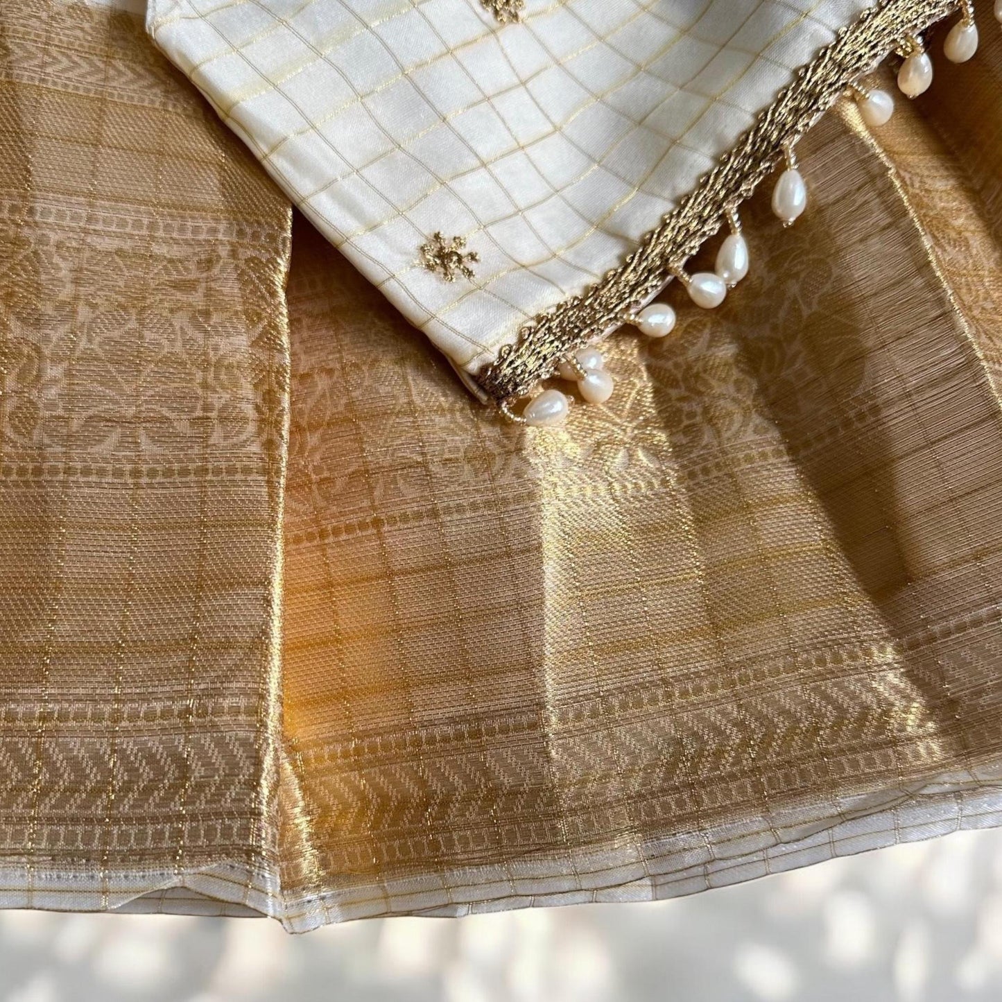 Checkered Gold Kasavu Pattupavada with Pearl Trim