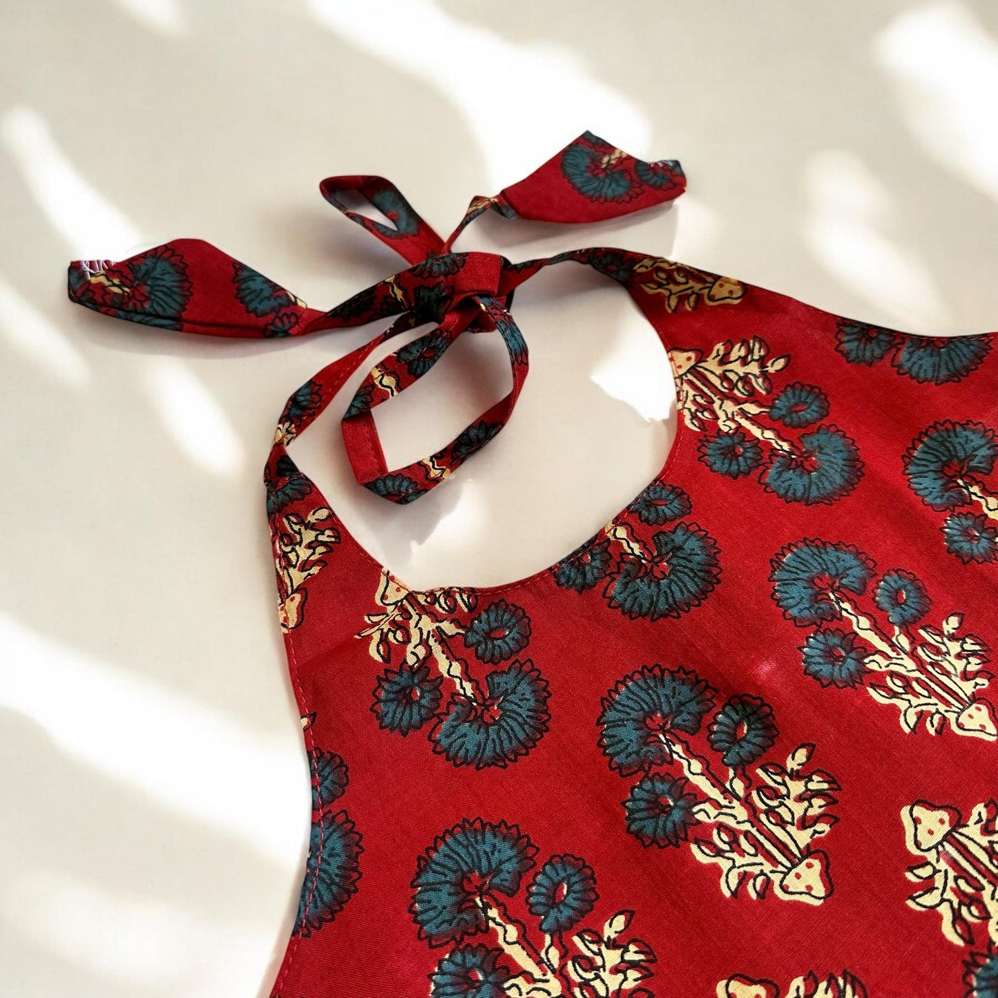 Ajrakh Print Tie-Up Top & Cream Kasavu Skirt Set