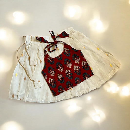 Ajrakh Print Tie-Up Top & Cream Kasavu Skirt Set