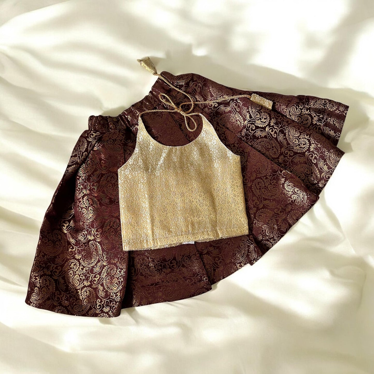 Ivory Brocade Top & Brown Skirt Set