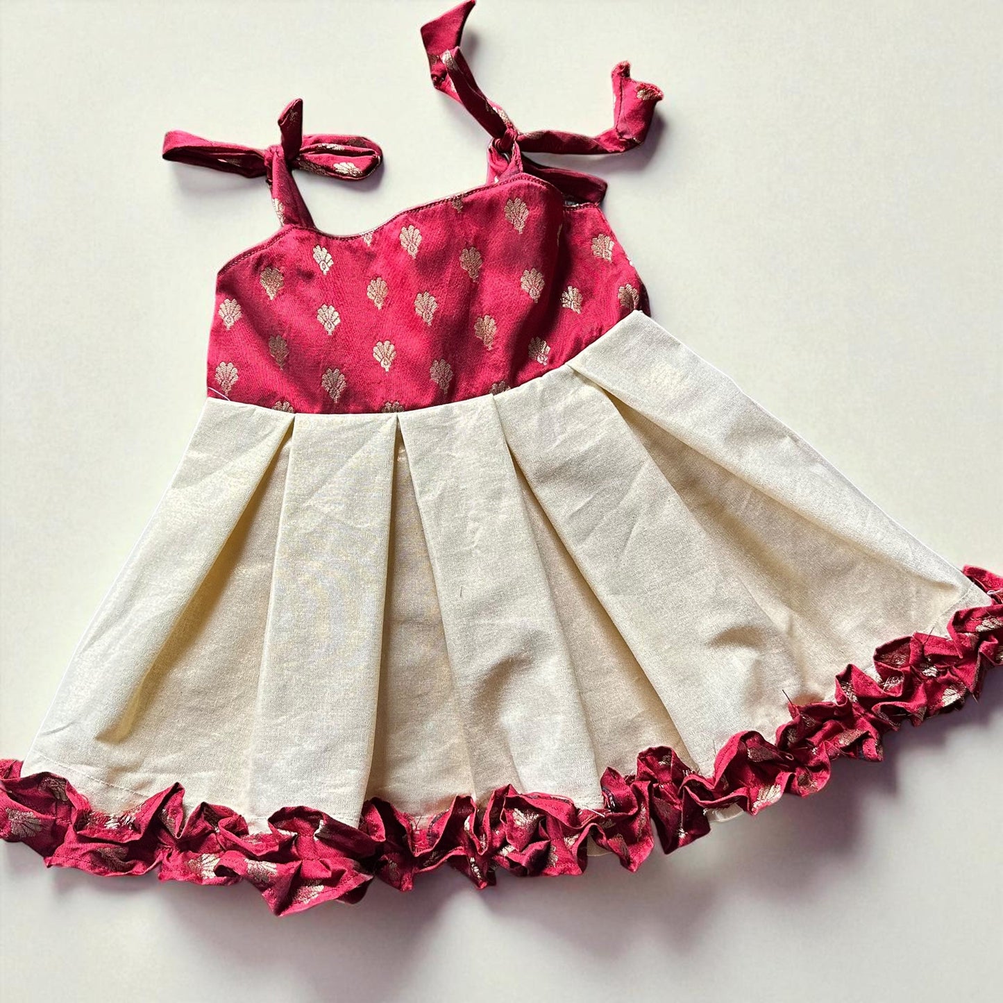 Red and Gold Tissue Frock with Ruffle Trim