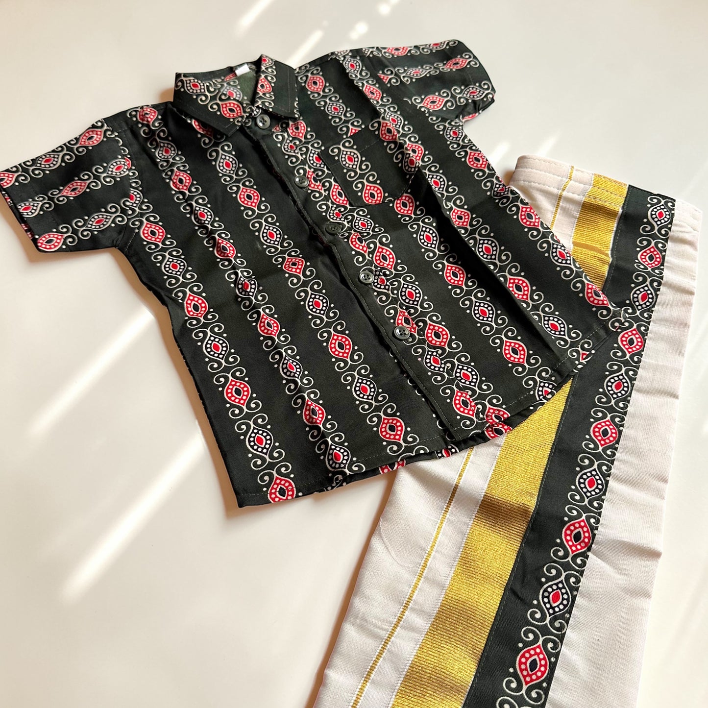 Dark Green Printed Shirt & Mundu Set