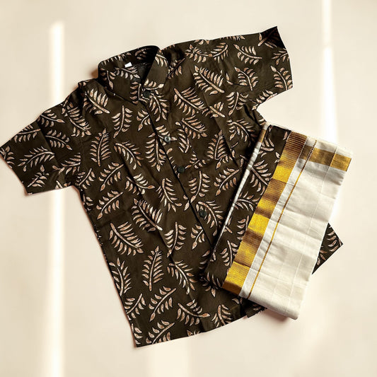 Olive Green Shirt & Mundu Set