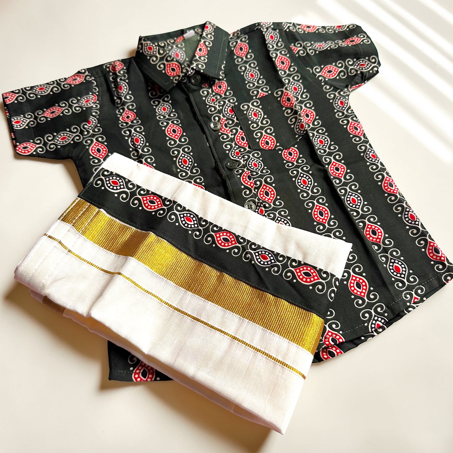 Dark Green Printed Shirt & Mundu Set