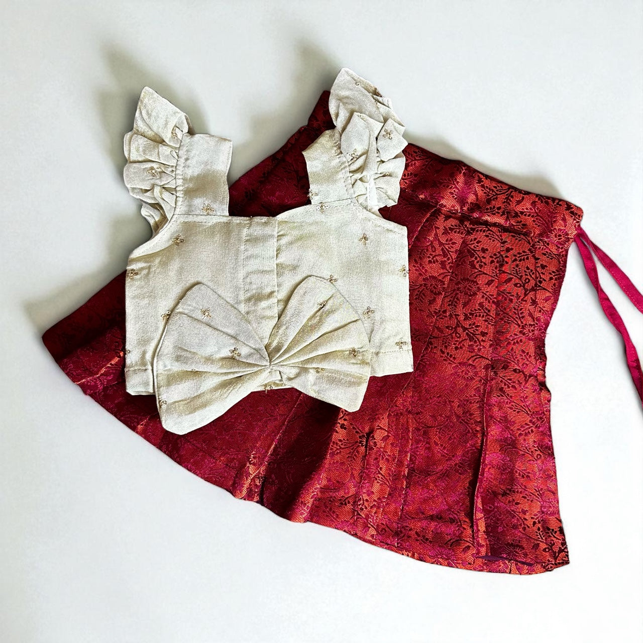 Bronze-Red Skirt with Cream Ruffle Bow Top