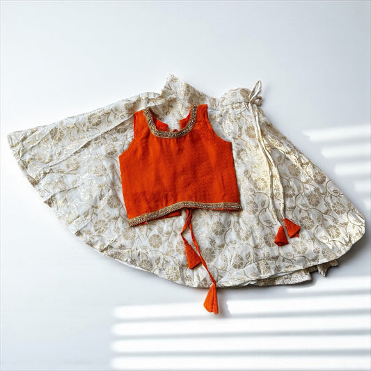 Cream & Gold Umbrella Skirt with Orange Top