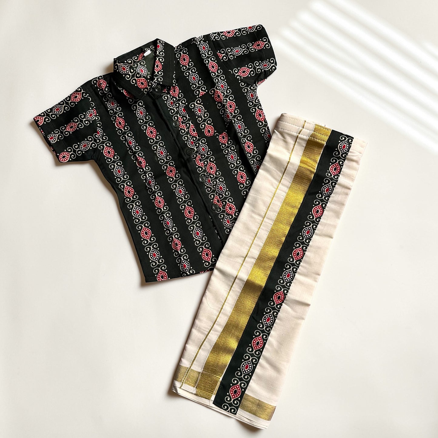 Dark Green Printed Shirt & Mundu Set