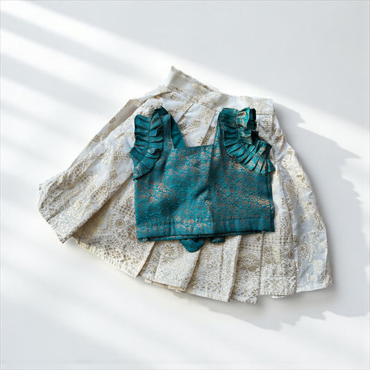 Teal Ruffle Top & Cream Skirt Set