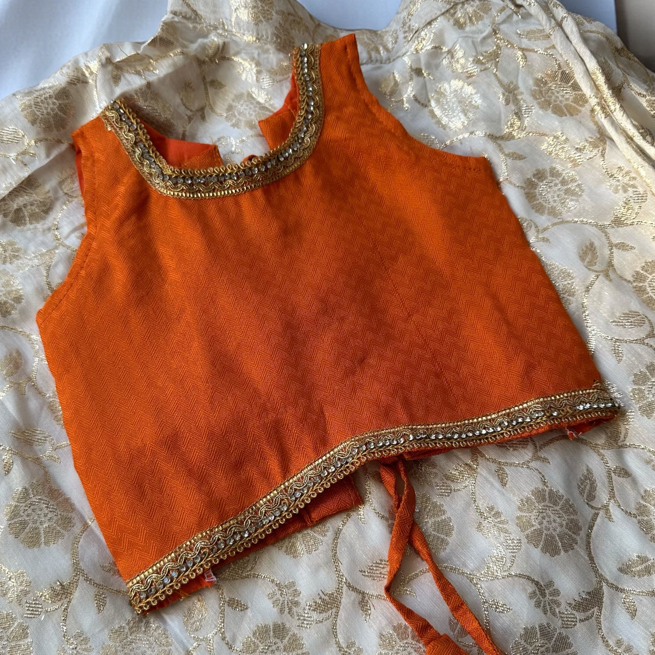 Cream & Gold Umbrella Skirt with Orange Top