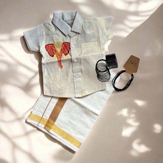 Gold tissue shirt and Mundu Set