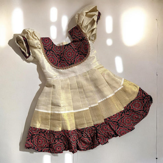 Ajrakh Border Kasavu Frock