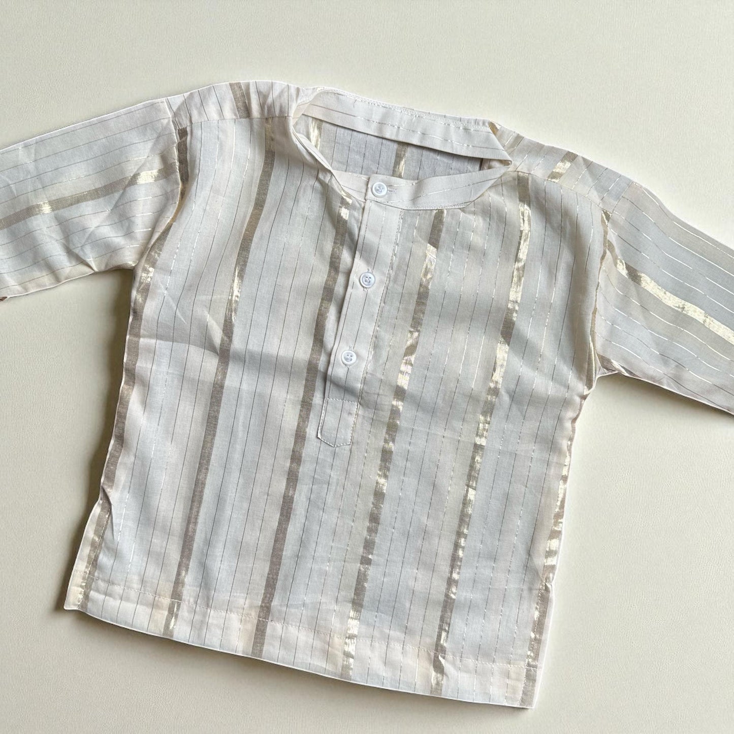 Boys Off-white Cotton Kurta with Golden Stripes