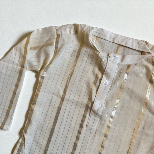 Boys Off-white Cotton Kurta with Golden Stripes