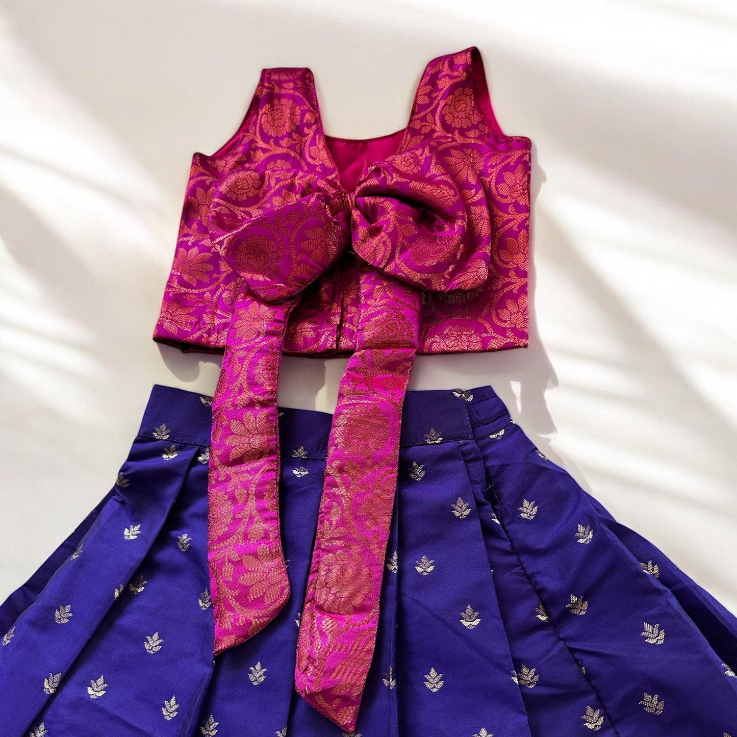 Hot Pink Brocade Bow Top with Deep Violet Skirt