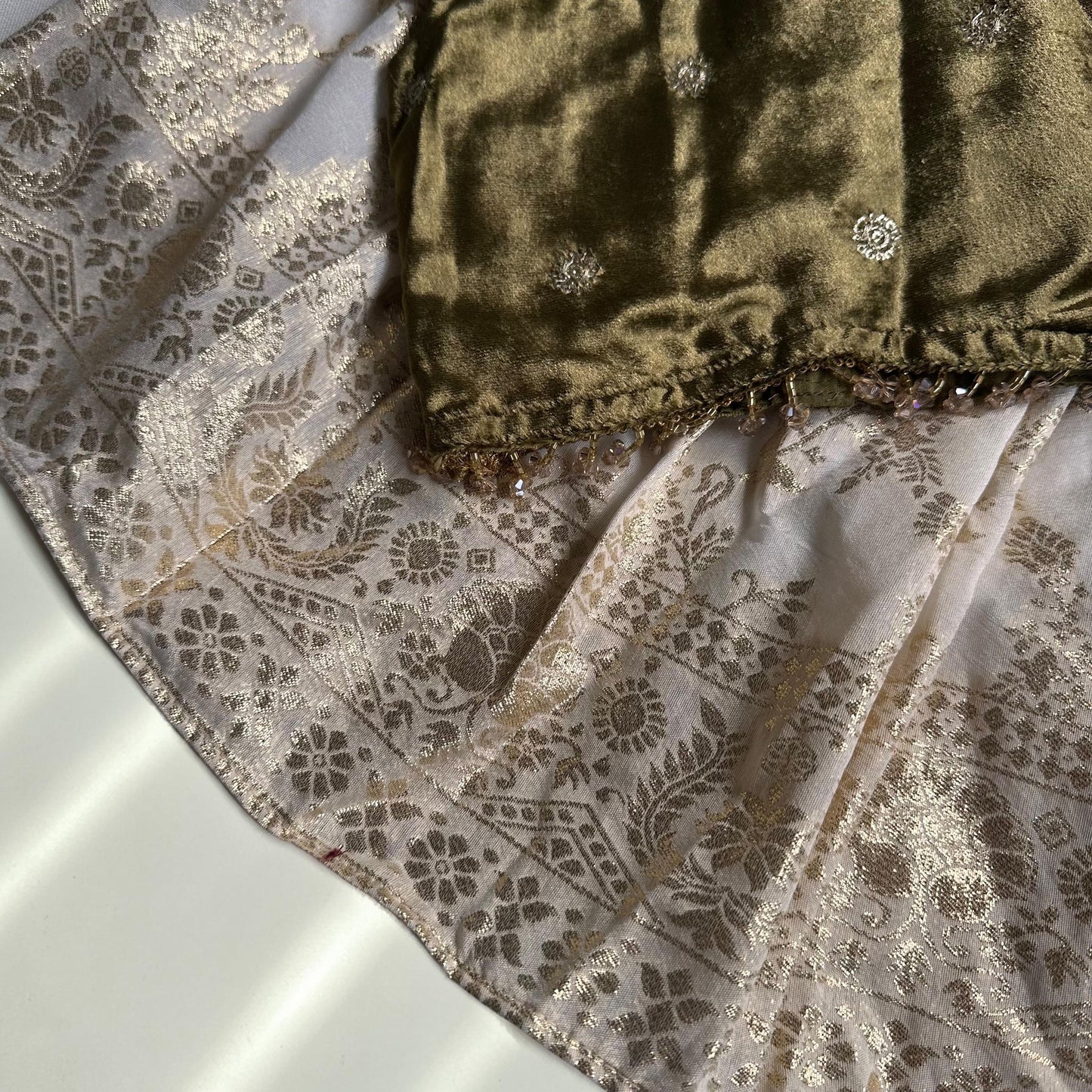 Olive Velvet Top & Gold Traditional Skirt Set