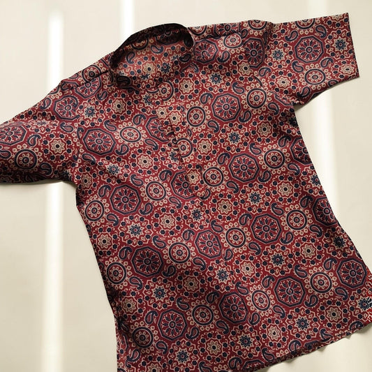 Pre-order: Red & Brown Ajrakh Print Kurta for Boys (Sibling Set)