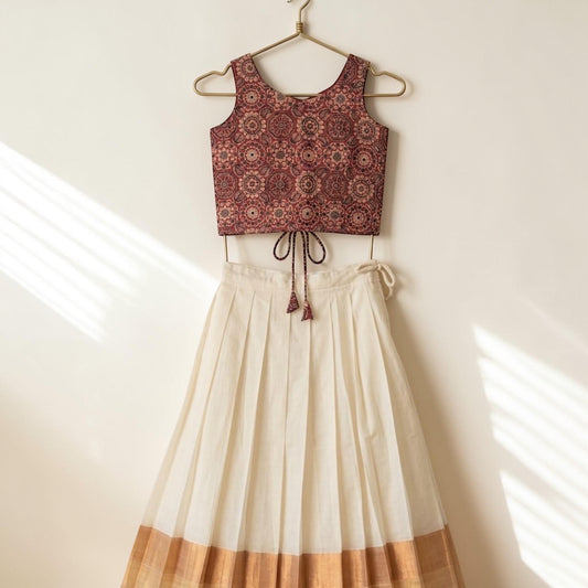 Pre-order: Red & Brown Ajrakh Print Crop Top & Kasavu Skirt (Sibling Set)