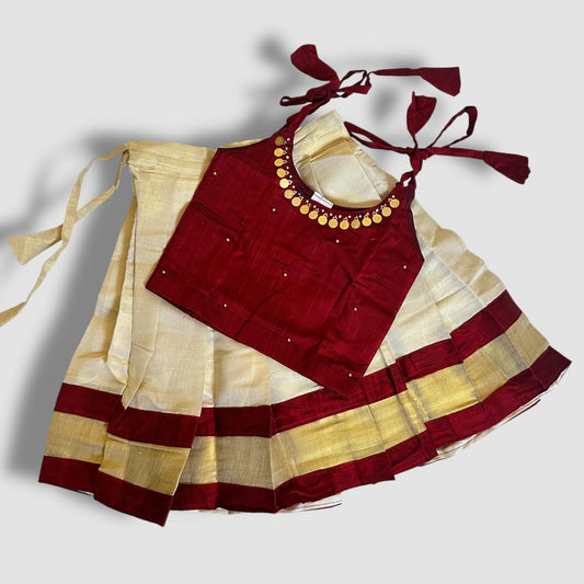 Maroon Temple Coin Kasavu Skirt Set