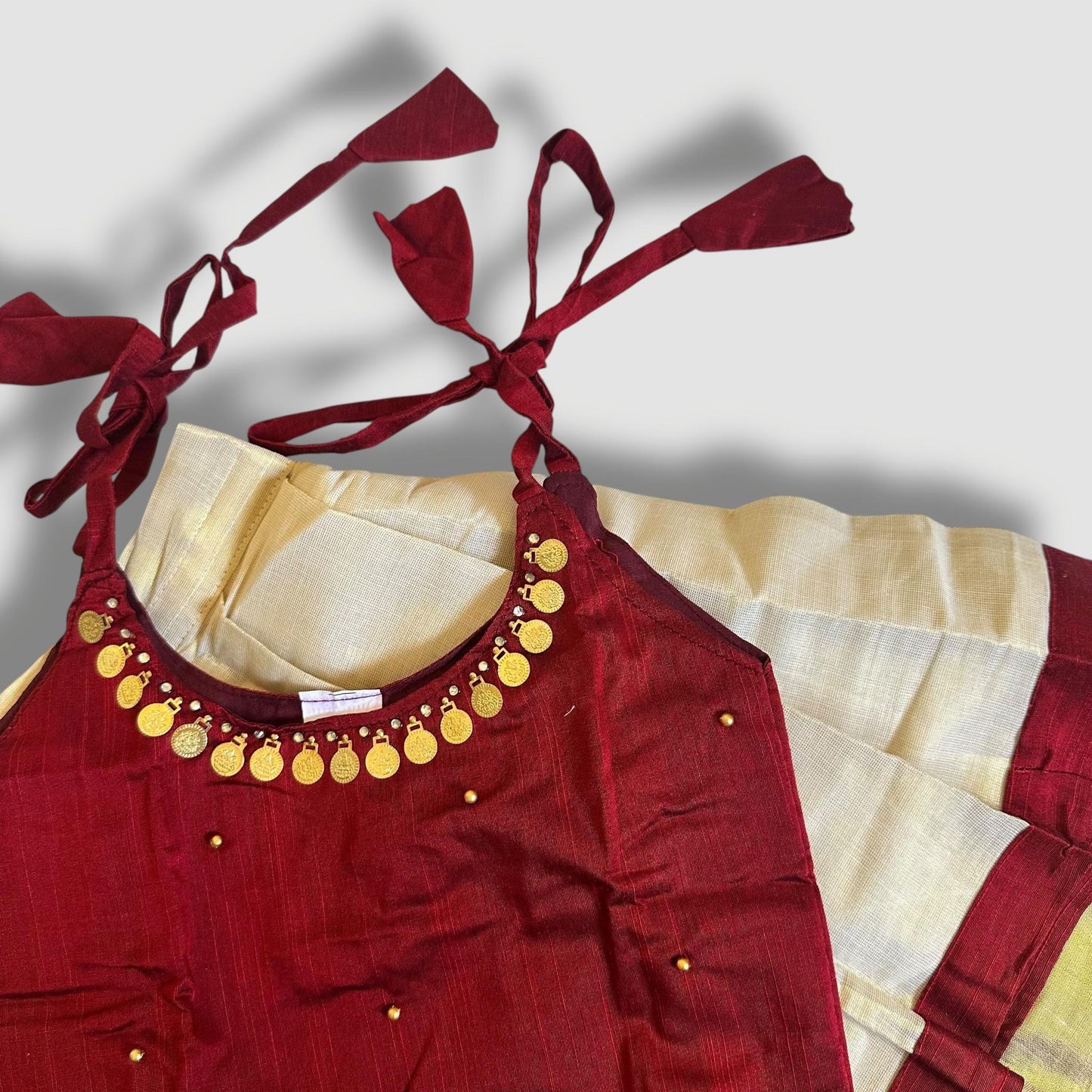 Maroon Temple Coin Kasavu Skirt Set