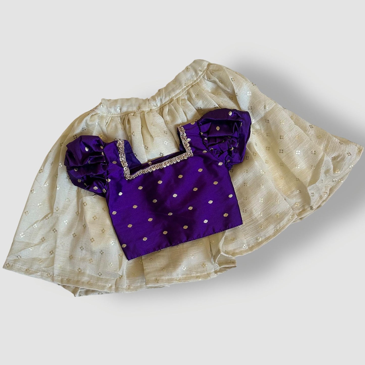 Violet Puff Sleeve Blouse & Vichitra Silk Skirt Set