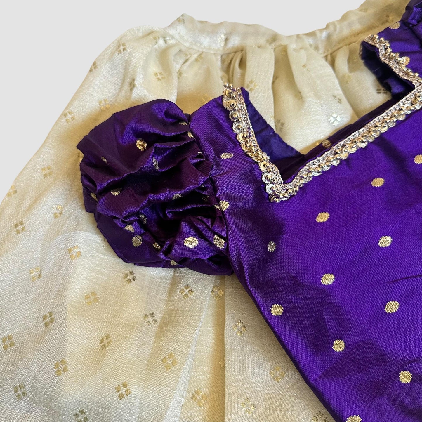 Violet Puff Sleeve Blouse & Vichitra Silk Skirt Set