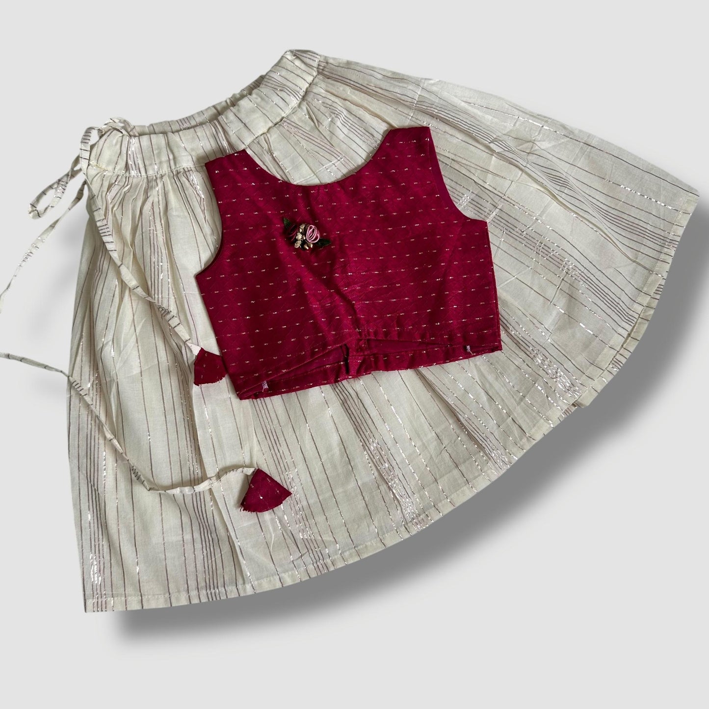 Deep Red & Metallic Pink Striped Pavada Set