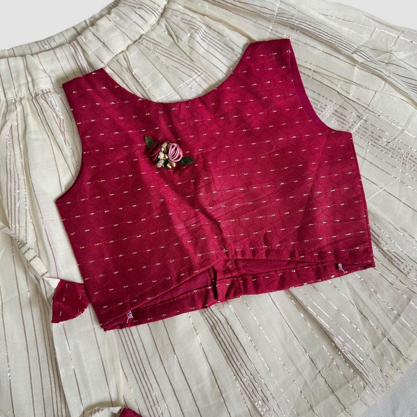 Deep Red & Metallic Pink Striped Pavada Set