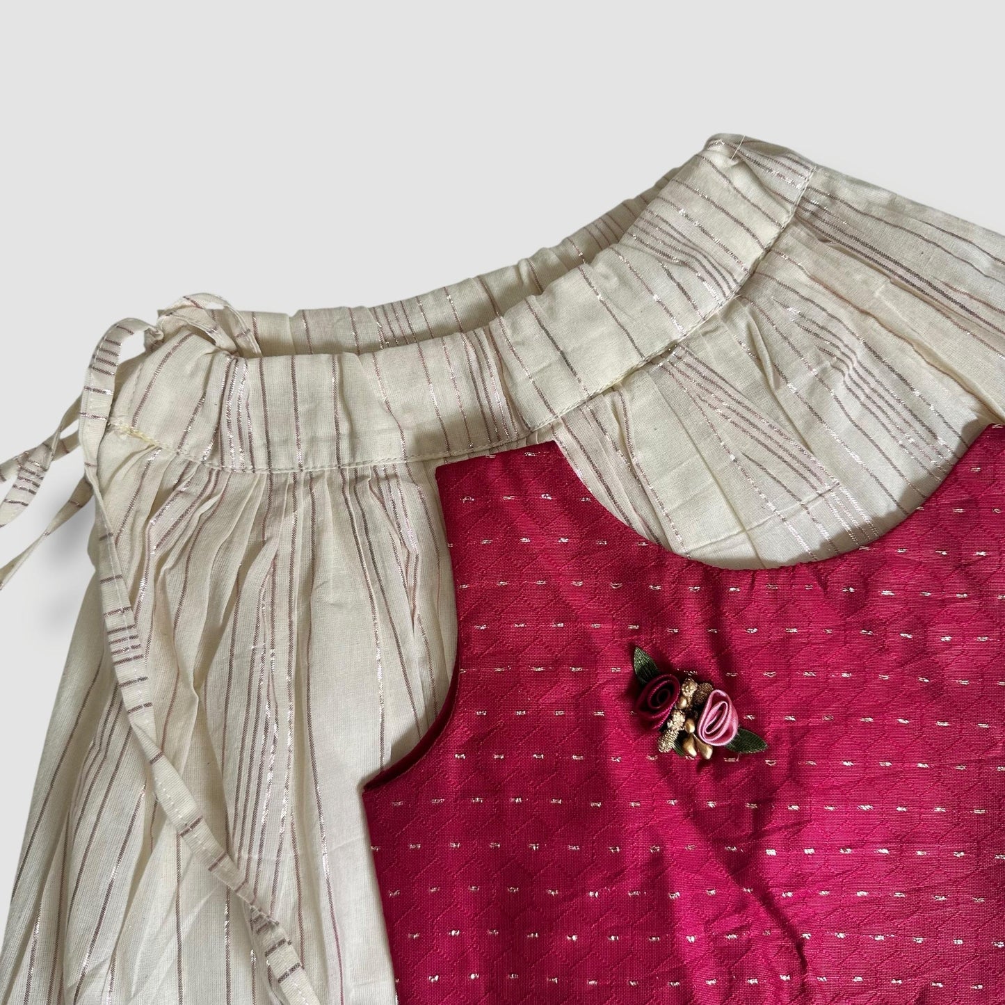 Deep Red & Metallic Pink Striped Pavada Set